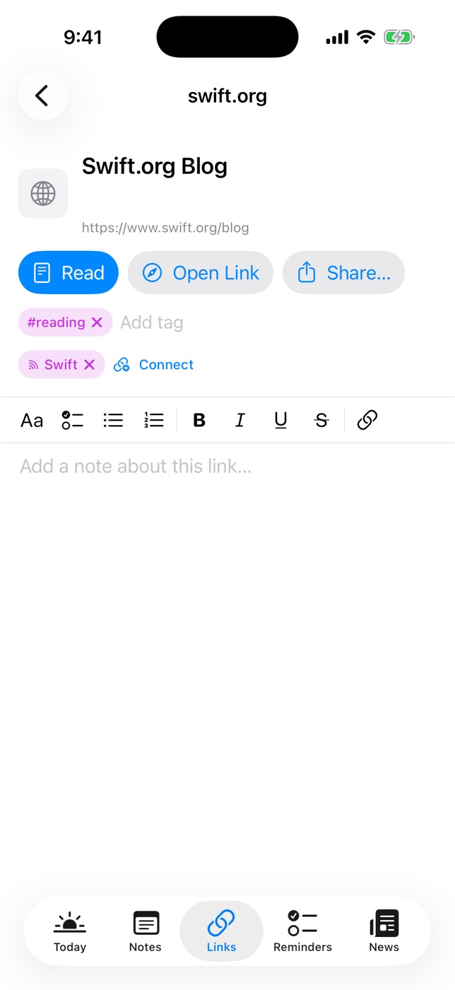 A saved link with Read, Open Link and Share