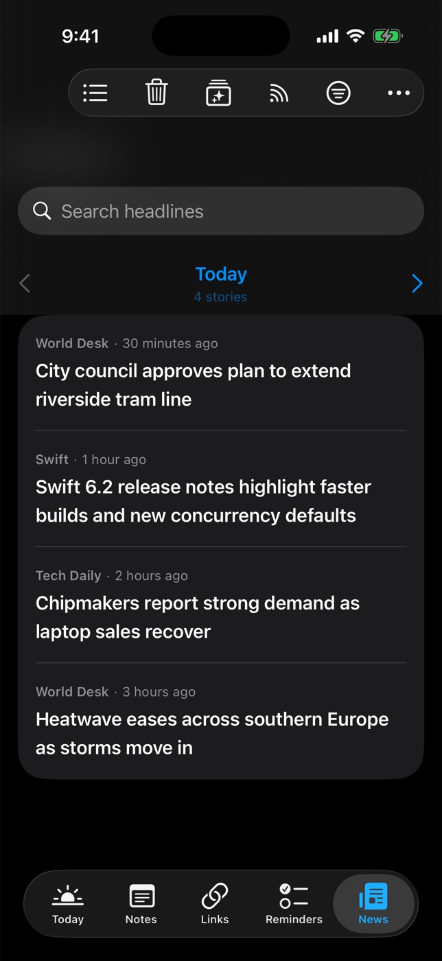 The News tab in dark mode