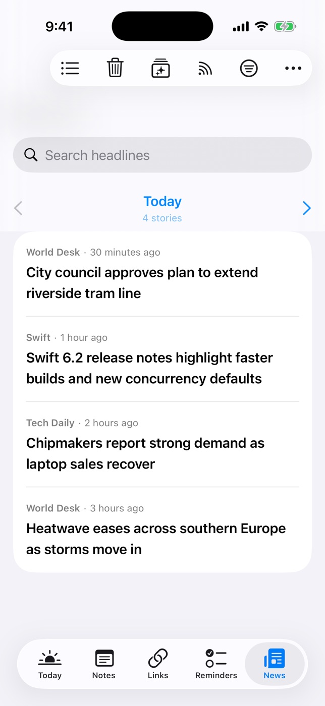 The News tab paging stories by day