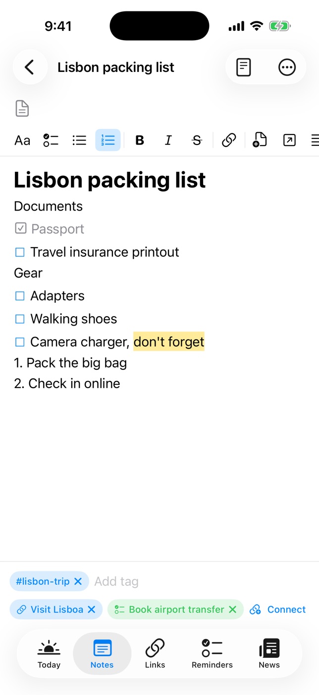 A note with a checklist and tags