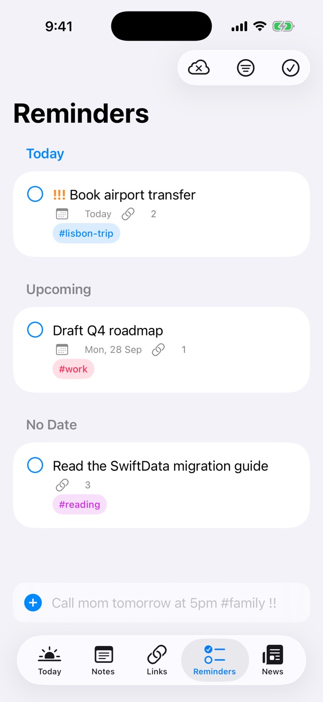 The Reminders tab with Today, Upcoming and No Date sections